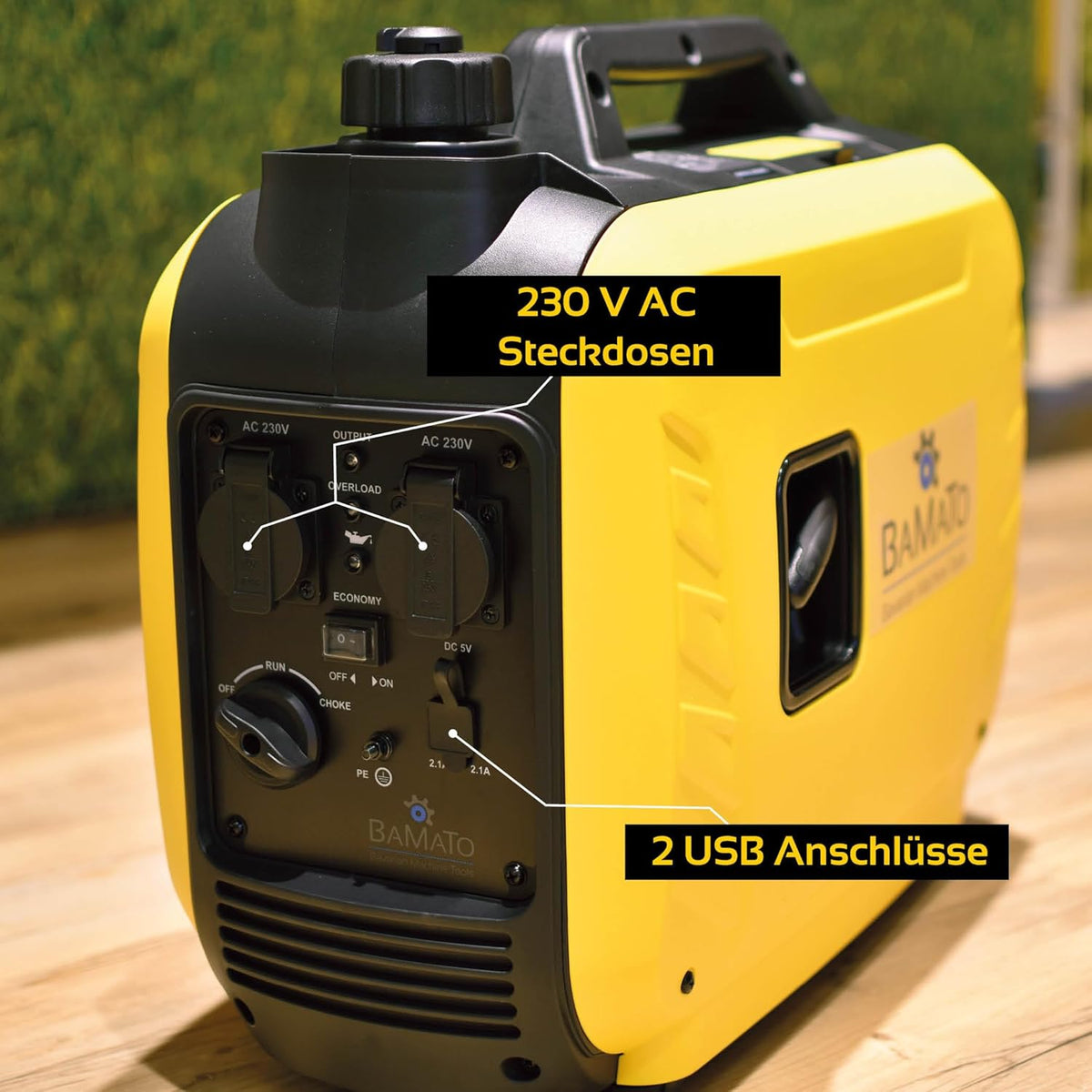 BAMATO BGE-2000I Inverter stroomgenerator | 2000 Watt | Inverter-technologie | 64,1 dB(A) | twee 230 V wisselstroomstopcontacten en twee 2,1 A snel ladende USB-poorten