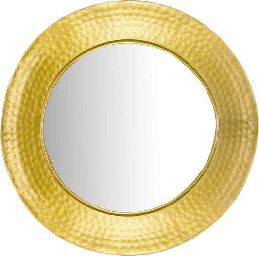 Wandspiegel – Hangspiegel – Spiegel Voor Muur – Goudkleurige Spiegel – Decoratieve Spiegel – Gehamerd Gouden Frame – 60 cm Diameter – IJzeren Stijlvol Design