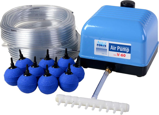 AquaForte Hi-Flow V-60 luchtpompset, complete set met luchtverdelers, 50 m slang 4 x 6 mm en 10 luchtstenen 5 cm, capaciteit bij 2 meter 40 liter per minuut, maximale vijver 36 m3