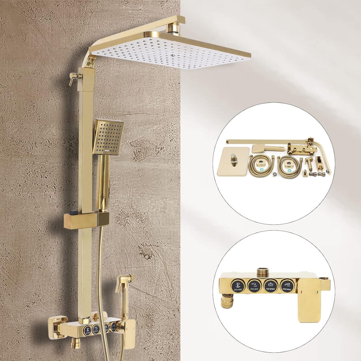 Douche Set – Doucheset – Handdouche – Douchekop – Sproeipistool – Goudkleurig – Verstelbare Hoogte 80-120 cm – Vacuüm Goudcoating & Roestvrij Materialen