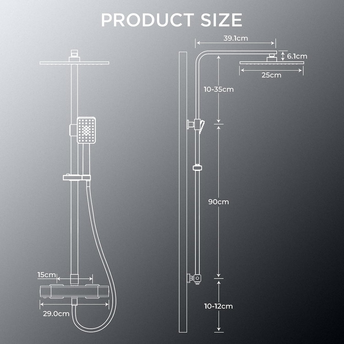 FORIOUS Shower System with Thermostat, Stainless Steel Shower Fixture, Complete Set with 25 cm Square Overhead Rain Shower, 90-125 cm Height Adjustable Shower Rod, 3 Jet Types,