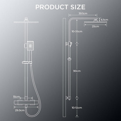 FORIOUS Shower System with Thermostat, Stainless Steel Shower Fixture, Complete Set with 25 cm Square Overhead Rain Shower, 90-125 cm Height Adjustable Shower Rod, 3 Jet Types,