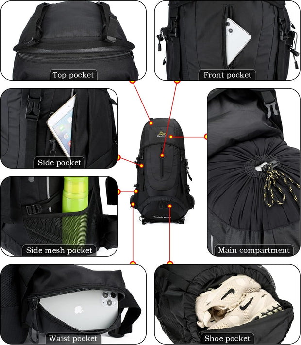 Wandelrugzak - Kampeertas - Trekking rugzak - Camping Essentials Tas - 70L - Lichtgewicht - Waterdichte - Nylon - Zwart