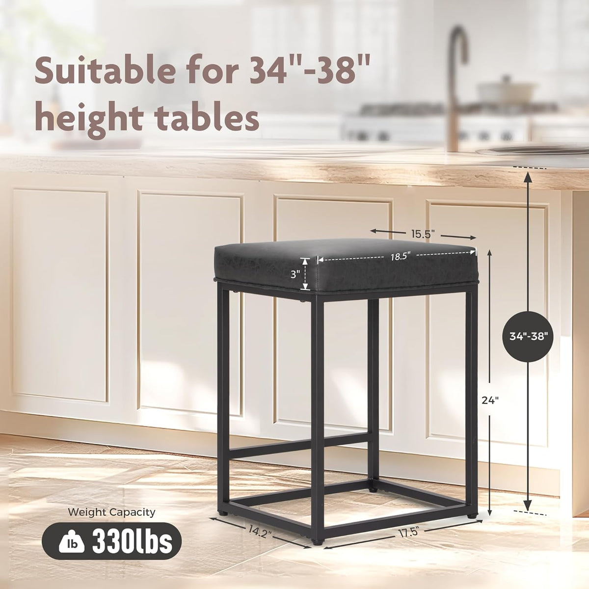ALPHA HOME Set van 2 barkrukken, barkrukken op aanrechthoogte met voetsteun, ontbijtstoel van PU-leer zonder rugleuning, keuken-eetkamer-cafékruk voor binnen en buiten, zwart