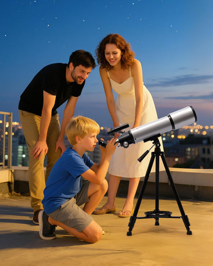 Telescoop 90/600 mm astronomie refractor met aluminium statief - complete set met 2 oculairs (10 mm & 25 mm), 3 x Barlow lens, smartphone-adapter en draagtas