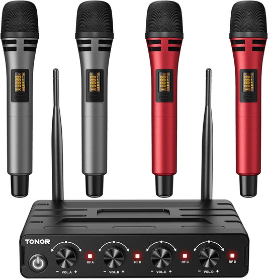 TONOR Draadloze Microfoons Systeem, 4x5 Kanalen Draadloze Handheld Dynamische Mic met Ontvanger, 60M UHF Bereik, Mics met stabiel signaal Transmissie voor Karaoke Zingen Feest Kerk DJ PA Speaker, Rood