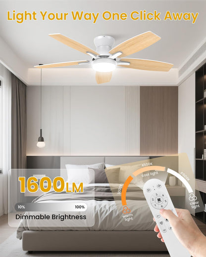 Airwit Stille 106 cm plafondventilator met verlichting en afstandsbediening, plafondventilator met ledlicht voor slaapkamer en woonkamer