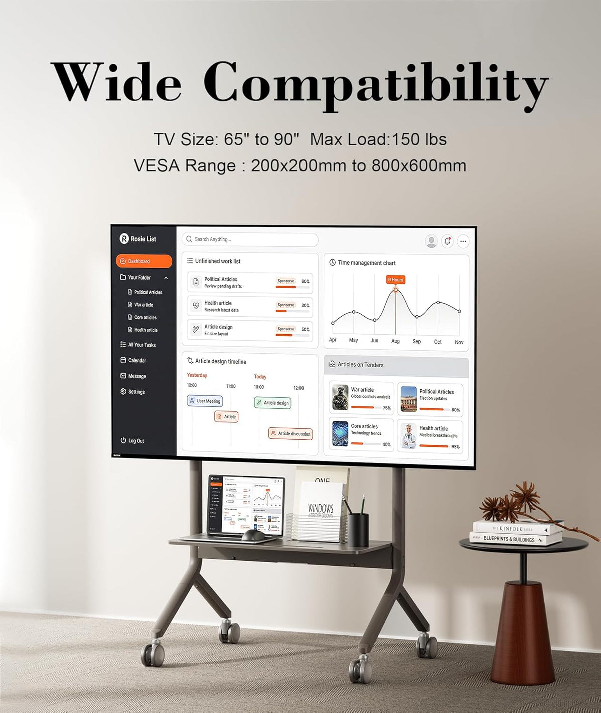 Gemotoriseerde mobiele tv-kar, elektrische hefstandaard voor 75-90 inch LCD OLED plat gebogen paneel scherm tv of smart board, belasting tot 150 lbs, Max VESA 900x600mm P150