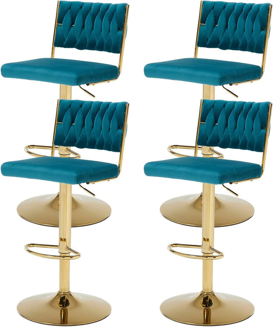 Barstoelen – Barkrukken – Keukenstoelen – Breakfast Stoelen – Verstelbare Barstoelen Set 4 Stuks – Fluweel Turquoise – 360° Draaibaar – Hoogte Verstelbaar - QUORE