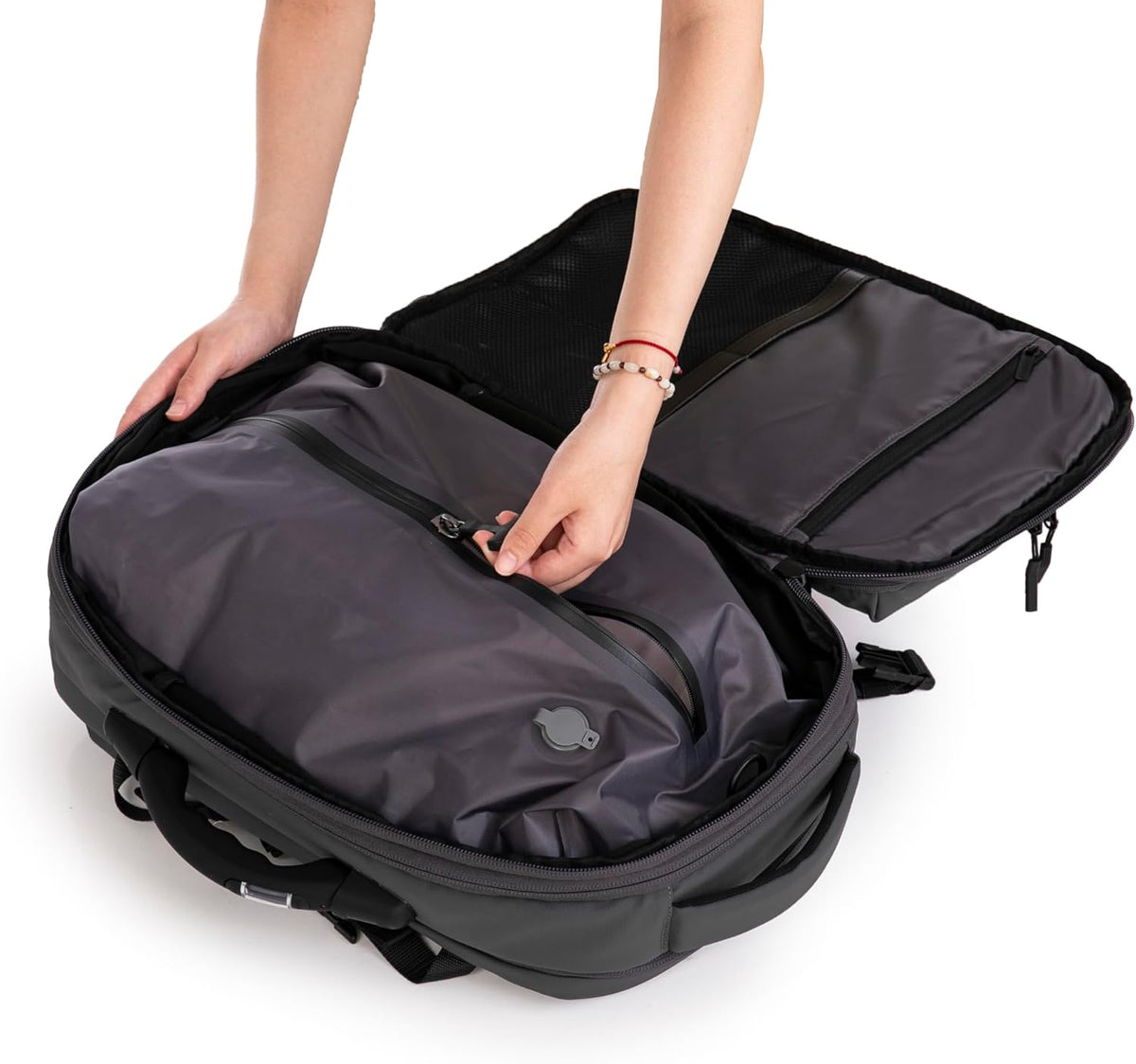 Vacuümreisrugzak | formaat handbagage koffer 55 x 35 x 25 & 55 x 40 x 20 cm | waterdicht | reistas laptop 17 inch | TSA-slot | wielen en trolley/bagageweeg/pomp optioneel, Grijs, 49cm, Met