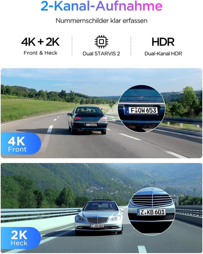 VIOFO A329S 2CH 4K 60FPS dashcam voor achter, 4K + 2K Dual dashcam auto, geüpgraded energiebesparende parkeermodus, wifi 6 en app-bediening, Dual Starvis 2 autocamera, nachtzicht/HDR 2.0, optioneel 4