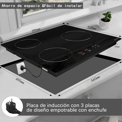 NOXTON Inductiekookplaat 3 kookplaten 60 cm, uitgerust met een 60cm stekker, touch control, 1-90 minuten timer, 9-speed, kinderslot, automatisch sluiten, warmteindicator (3500 watt).