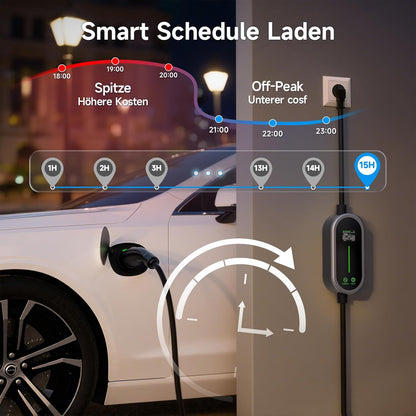 Type 2 oplaadkabel 3,6 kW 10 m, 6-16 A eenfasig oplader type 2, oplaadkabel elektrische auto type 2 Schuko, draagbare EV oplader, instelbare stroom en instelling starttijd voor alle EV PHEV IEC