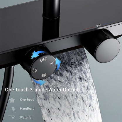 Douchepakket – Regendouche – Thermostaatkraan – Handdouche – Douchecombinatie – Zwart Design – Glazen Plank 40x10 cm – 38°C Veiligheidsstop