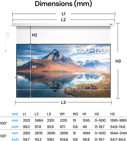 100 inch gemotoriseerd projectorscherm, mat wit, zero-speckle, stil en glad afrolbaar voor thuisbioscoop