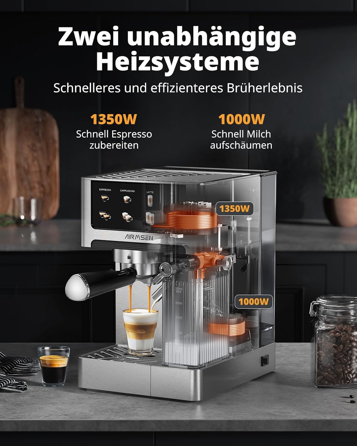 AIRMSEN Espressomachine 20 Bar – Cappuccino & Latte Machine, Dubbelboiler Koffiemachine (1350W & 1000W), Extractie in 15s, Roestvrij Staal, Afneembaar Waterreservoir 1,8L, Touchscreen