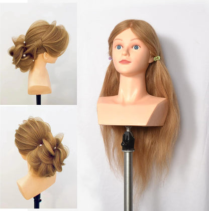 100% menselijk haar kosmetische mannequin hoofd hoofd hoofd praktische gevlochten stijl training kleuring bleken huidskleur krullen knippen haarelastiekjes (linnenkleuren)