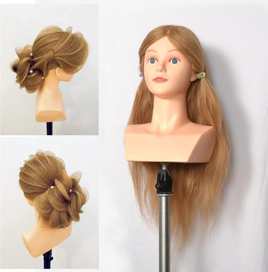 100% menselijk haar kosmetische mannequin hoofd hoofd hoofd praktische gevlochten stijl training kleuring bleken huidskleur krullen knippen haarelastiekjes (linnenkleuren)