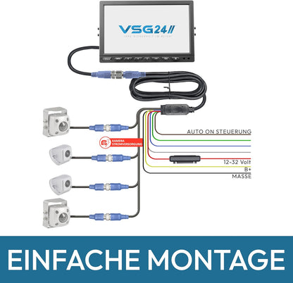 VSG24 7"professionele achteruitrijmonitor / 12-24 volt/afstandslijnen/spiegelend beeld / 2 video-ingangen/off-vertraging/e-goedkeuring/camerastroomvoorziening/elect-serie 22D. 10" QUAD Rückfahrmonitor