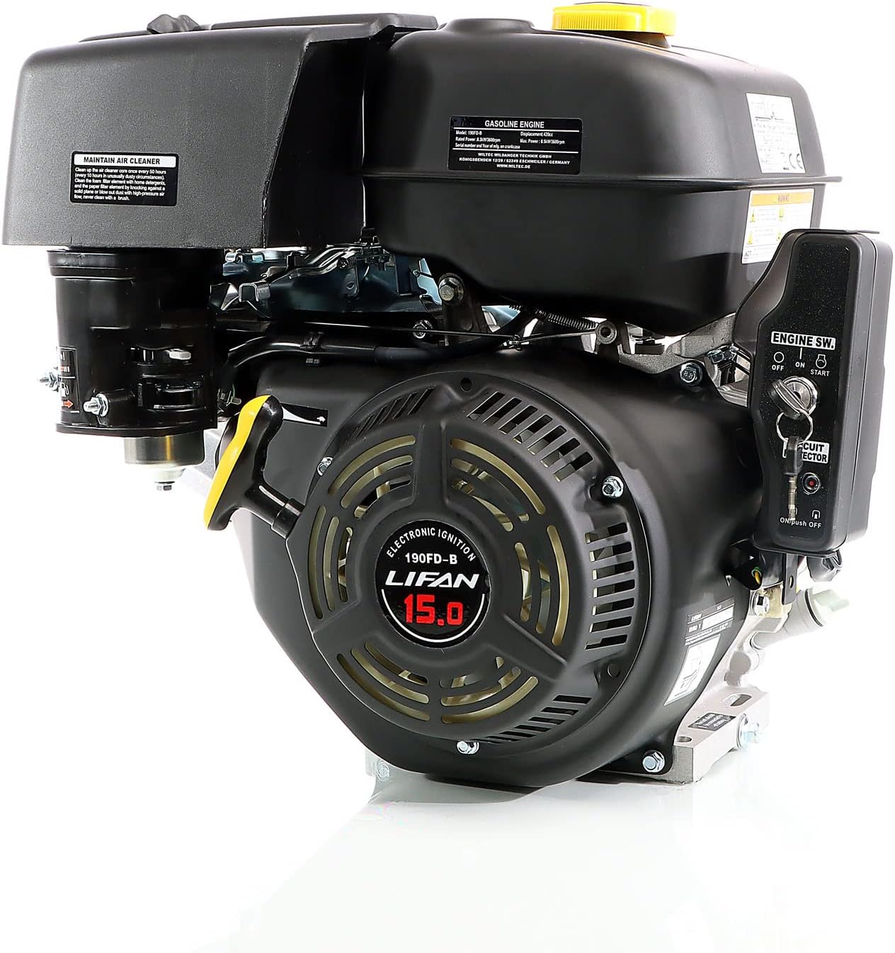 LIFAN 190 FD-B E-Start benzinemotor met 15 pk 1-cilinder voor kleine machines en karts, luchtgekoelde 4-taktmotor met 25 mm krukas, OHV-kleppenaandrijving en 420 cc cilinderinhoud