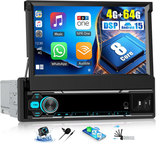 Android 15 Autoradio – 1 DIN Autoradio – Android Autoradio – Multimedia Speler – Car Stereo – 7 Inch Intrekbaar Touchscreen – Draadloze CarPlay & Android Auto