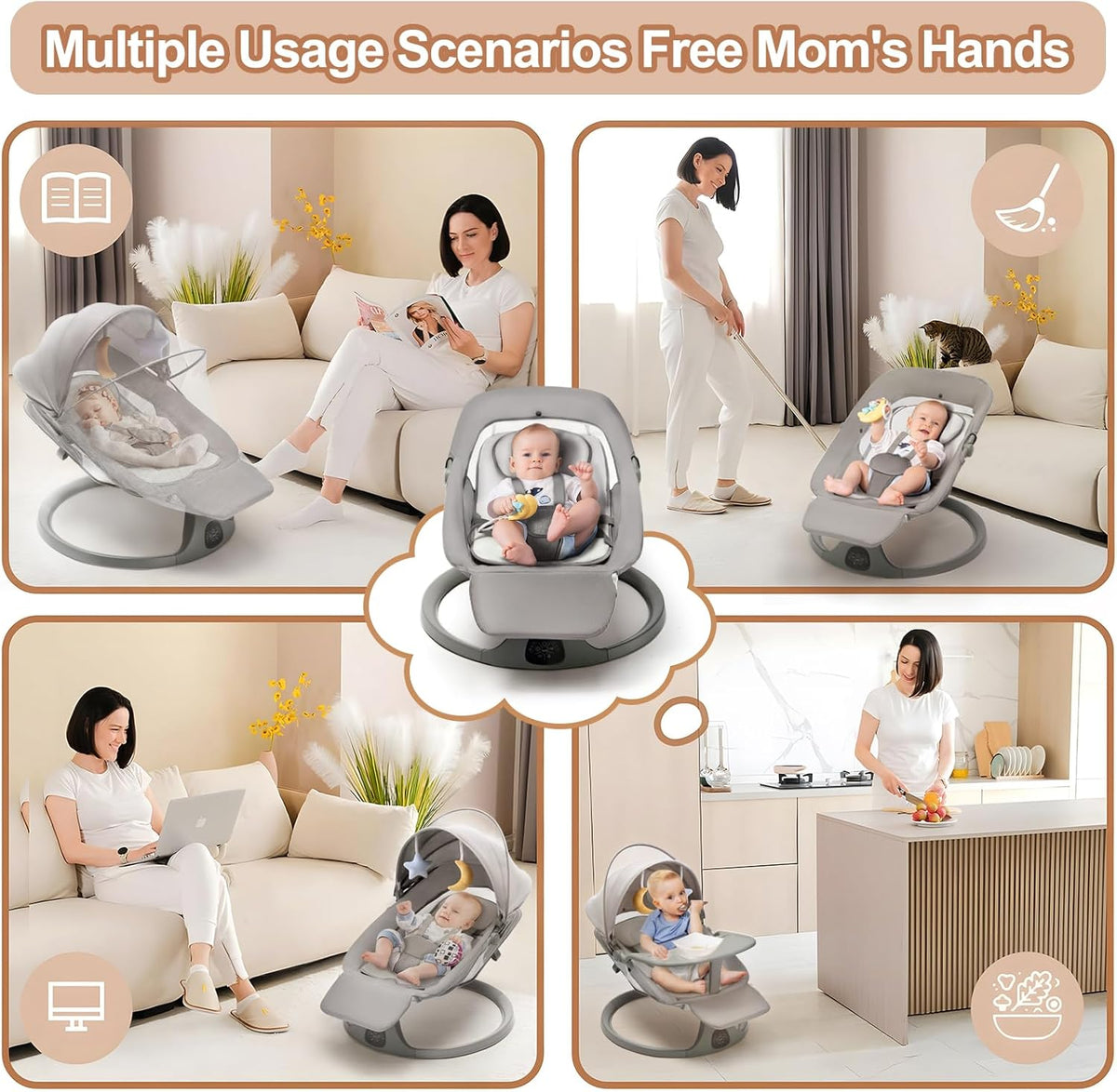 Baby Electric Bouncer 0 to 12 kg with Lullaby, 5 Rocking Speeds, Dinner Plate, Bluetooth Remote Control, Foldable, 5-Point Strap, for Indoor and Outdoor Use - QUORE