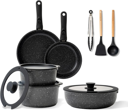 BOREINE Cooker Set Induction, 14-Piece Pans Set with Non-stick, Frying Pan and Cooking Pan for All Heat Sources, Oven-Safe, Detachable Handle, Black