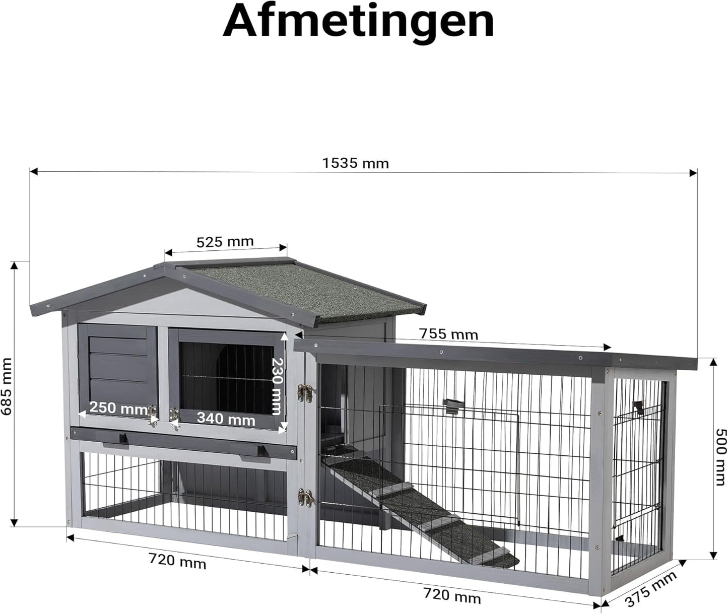 Chicken Coop Light Grey 1535 x 525 x 685 mm - Wood, Nesthouse and Free Running Space - with Removable Bowl - QUORE