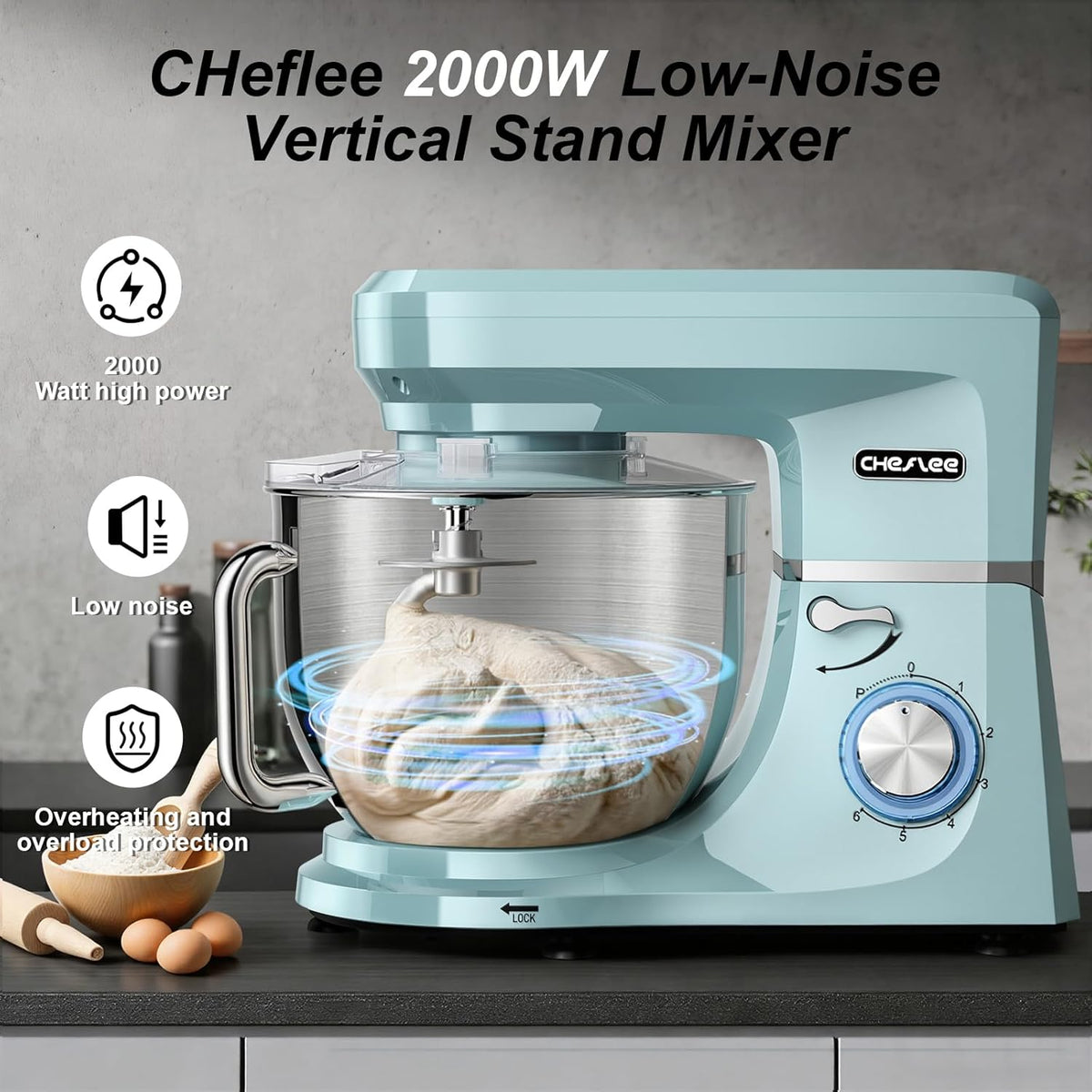 CHeflee Keukenmachine, 2000 W, krachtige kneedmachine, met kneed- en roerfunctie, 6 snelheden, geluidsarme deegkneedmachine, 8 liter, roestvrijstalen kom, kneedhaak en garde, stofhoes