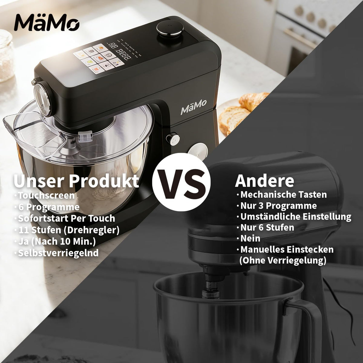 Keukenmachine met 1900 W – deegmachine, led-touchscreen, roerapparaat en mixer voor kneden, slagroom en vlees – 8 l roestvrijstalen kom, 11 snelheden, 6 programma's, 3-delige patisserieset