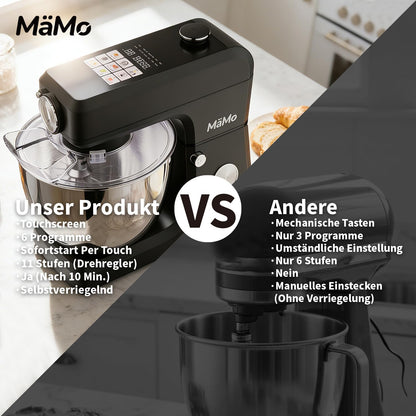 Keukenmachine met 1900 W – deegmachine, led-touchscreen, roerapparaat en mixer voor kneden, slagroom en vlees – 8 l roestvrijstalen kom, 11 snelheden, 6 programma's, 3-delige patisserieset