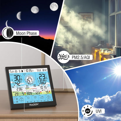 Raddy WF-120P Professioneel Wi-Fi weerstation, app-bediening, 10″ HTN-display, temp. & vocht int./ext., UV & lichtindex, PM2.5 AQI, 5-daagse weersverwachting, 7-in-1 buitensensor boerderij
