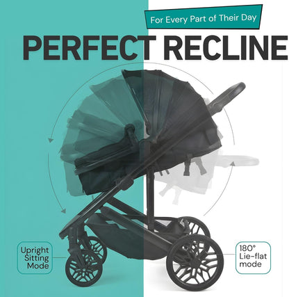Lejoux™ Avant Reissysteem voor kinderwagen, grotere opvouwbare kinderwagen met reiswieg, 5-punts harnas, verstelbare zitting, extra grote mand en eenhandige vouwwagen, zwenkwielen en regenhoes (zwart)