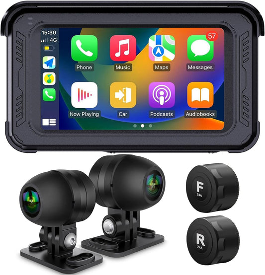 ydi Waterdichte motorfiets dashcam met draadloze CarPlay & Android Auto, 5" IPS-aanraakscherm, camera voor en achter, HD 1080P, TPMS, Bluetooth, Wi-Fi, GPS, max. 256 GB