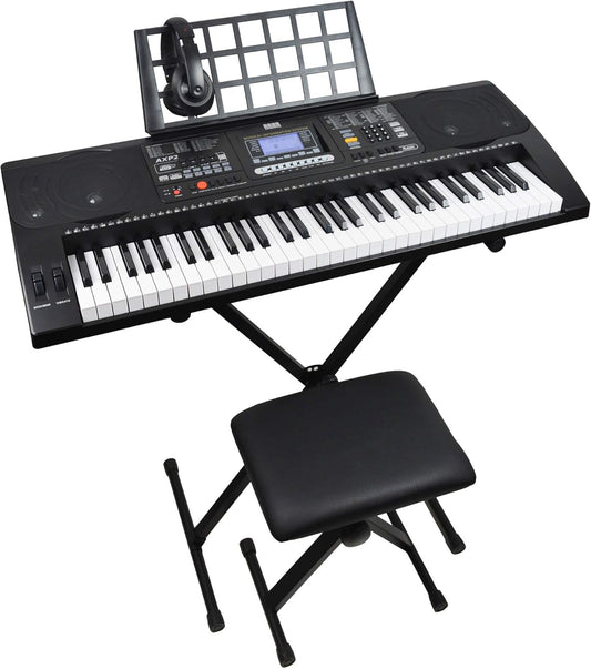 Keyboardpakket voor Beginners – Keyboard – Elektronisch Keyboard – Aanslaggevoelig Keyboard – Piano Keyboard – 61 Aanslaggevoelige Toetsen – Complete Set Met Statief, Bankje, Hoofdtelefoon En Muziekstandaard