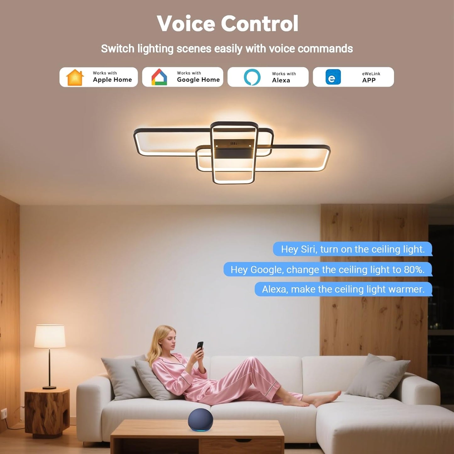 Dimbare led-plafondlamp met materiaal, 80 W, 9600 lm, compatibel met HomeKit, Alexa, Google en IFTTT, geometrische plafondlamp voor woonkamer, slaapkamer, zwart (105 H x 60 W).