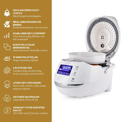 Yum Asia Sakura rijstkoker met keramische kom en Advanced Fuzzy Logic (8 kopjes, 1,5 liter) 6 rijstkokerfuncties, 6 multi-cooker functies, Motouch LED-display, 220-240V EU (White and Silver)