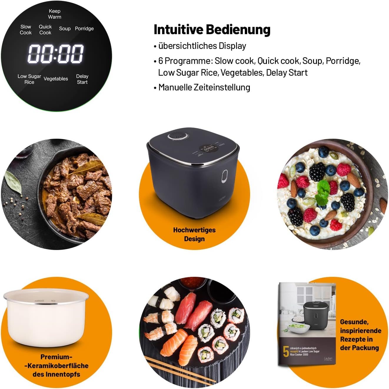 Lauben Low Sugar rijstkoker rijstkoker met low-sugar-functie, 3 l volume, 6 modi, vertraagde start, warm houden, anti-aanbak-keramisch oppervlak, vaatwasmachinebestendig, kookboek, overloopbeveiliging