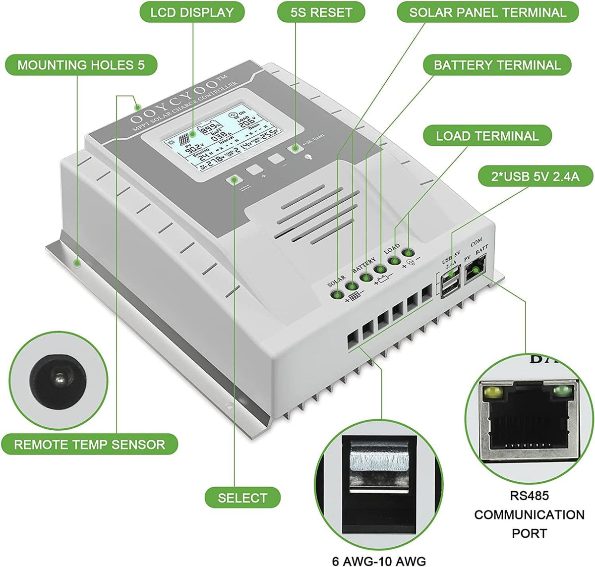 60A Solar Charge Controller MPPT Solar Charge Controller 12V 24V DC 100V Automatische Identificatie, 99% laadefficiëntie Solar Controller voor lithium / GEL / Flooded batterij