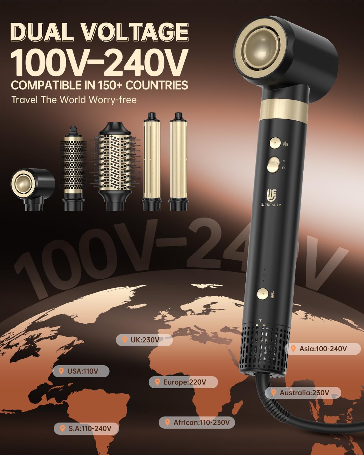 6-In-1 Airstyler Zwart – Föhnborstel – Haardroger – Volumeborstel – Air Krultang – Dual Voltage 110-240 V – 110.000 Omw/Min, 30 M/S En 500 Miljoen Negatieve Ionen