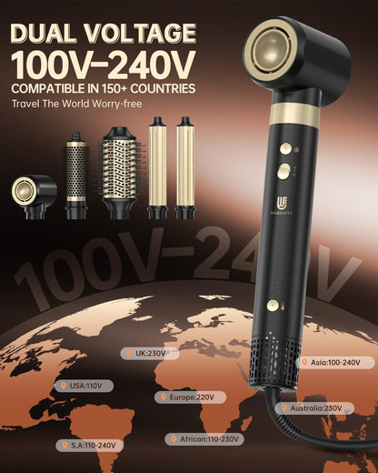 6-In-1 Airstyler Zwart – Föhnborstel – Haardroger – Volumeborstel – Air Krultang – Dual Voltage 110-240 V – 110.000 Omw/Min, 30 M/S En 500 Miljoen Negatieve Ionen