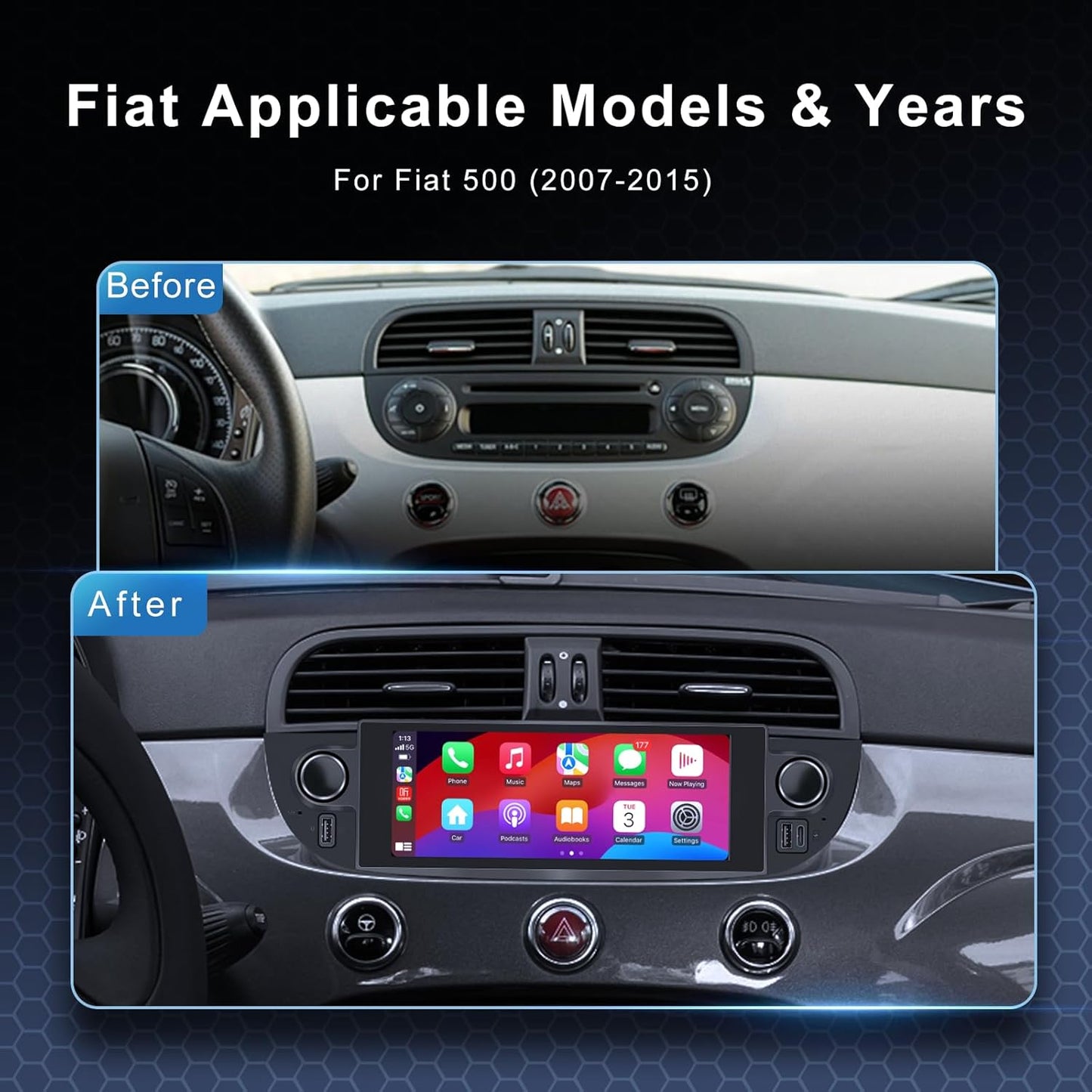Autoradio Fiat 500 – Auto Stereo – Multimedia Speler – Navigatie Systeem – Autoradio DAB – Android 13 Systeem – Draadloze CarPlay & Android Auto – Inclusief Achteruitrijcamera & Canbus Adapter