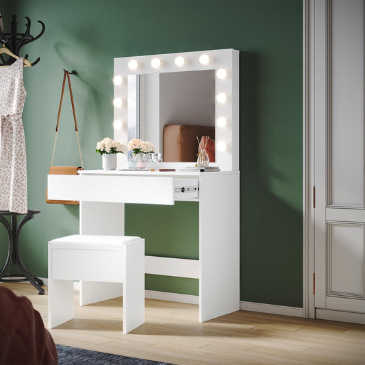 Make-uptafel – Kaptafel – Schminktisch – Make-up Spiegeltafel – Slaapkamermeubel – Verlichte Spiegel Met 12 Dimbare LED-Lampen – Ruime Lade Met Zachte Ladegeleiders