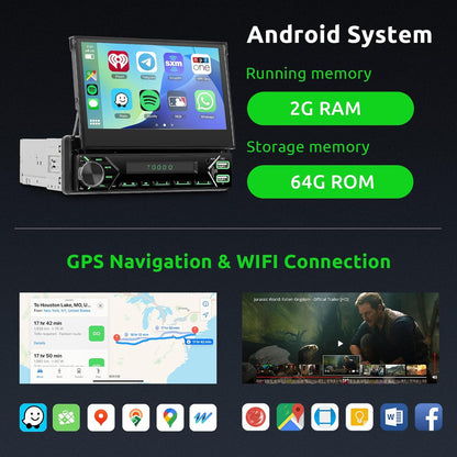 1 DIN Android Autoradio – Multimedia Speler – Car Stereo – Auto Radio – GPS Navigatie – Uitschuifbaar 7 Inch HD Touchscreen – Draadloze CarPlay & Android Auto – Inclusief Achteruitrijcamera