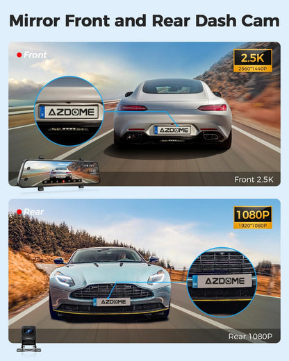 AZDOME 4K Dual Lens Spiegel Dash cam 12 ''IPS Full Touchscreen, 4K+1080P Voor en Achter 1080P IP68 Auto Camera met [Dual Cam Display] Nachtzicht WDR Parkeermodus Loop Opname G-sensor