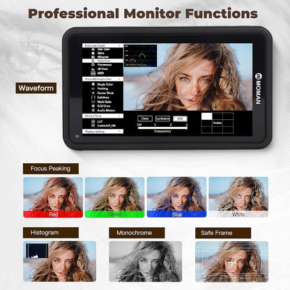 Op Camera Field Monitor 5.5 inch, MOMAN M5 Touchscreen DSLR Monitor 500 nits 1920 * 1080 Full HD met 3D LUTs/HDR/4K HDMI Input Output voor DSLR Spiegelloze Camera's Gimbal Stabilizer Canon Sony Nikon