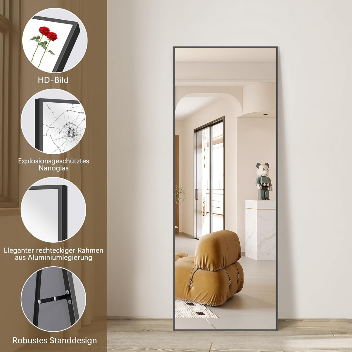 Vloerspiegel – Wandspiegel – Staande Spiegel – Full-Body Spiegel – Grote Spiegel – Aluminium Frame – 165 x 60 cm – Explosieveilig Glas