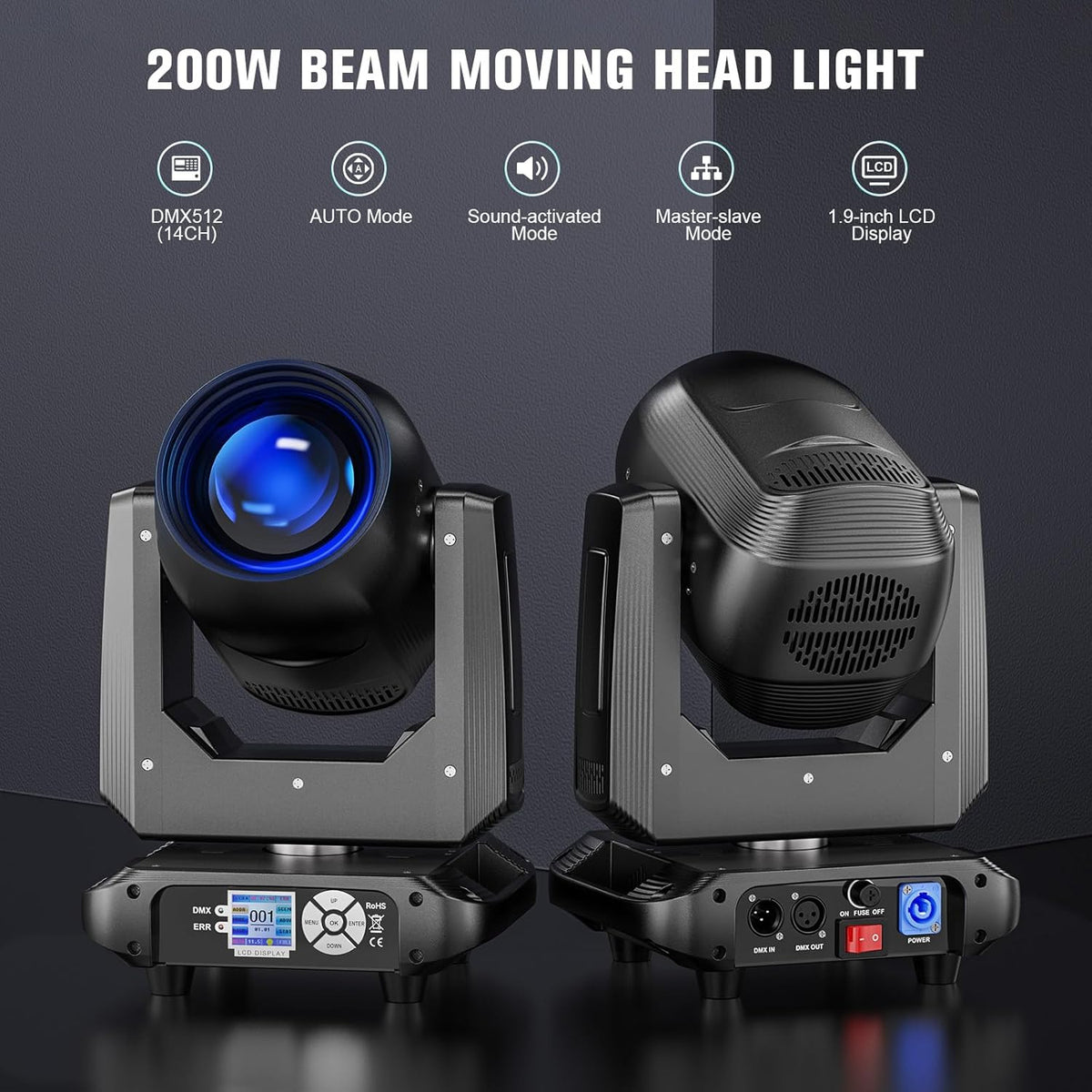 200W Moving Head RGBW LED Beam Stage Light, Electronic Focus 14 Gobo Dmx512 Party Light 18 Prisms 360° Rotatable Rainbow Effect for Christmas DJ Disco Bar Wedding