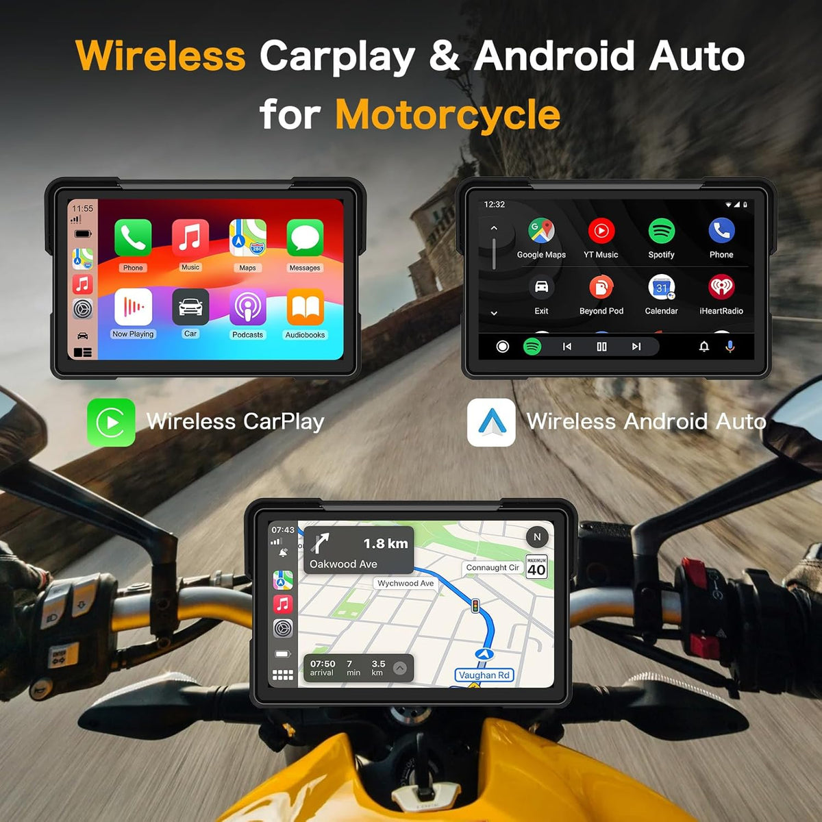 Moto Carplay Écran 7 Pouces Plus Grand 4K+1080P Double Caméra Dash Cam Moto Carplay Android Auto Écran Étanche Carplay Moto Écran GPS Navi Double-Bluetooth Commande Vocale Siri Carte 64GB