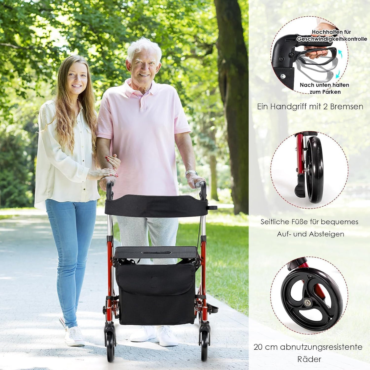 FANTASK Rollator opvouwbaar en licht met zitting, 2-in-1 ruststoel & reisrollator, loophulp 6-voudig in hoogte verstelbaar